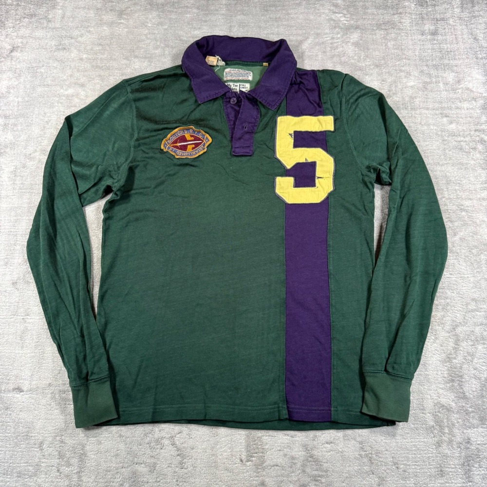 Scotch and Soda Shirt Mens Large Green Vintage Stripe Rugby Polo applique Preppy